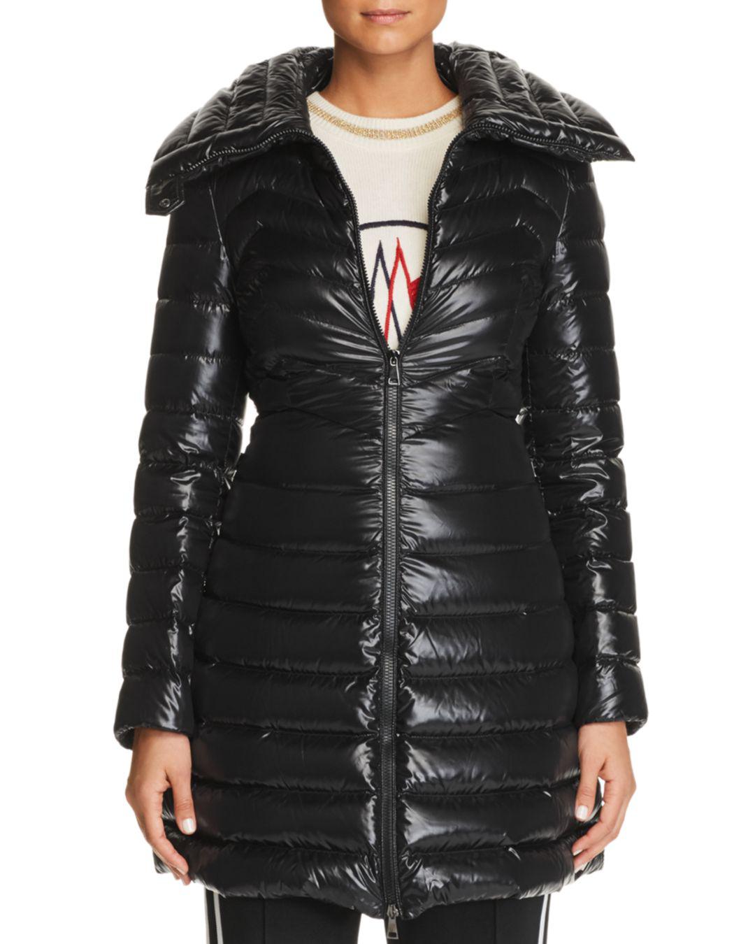 moncler moka shiny fitted puffer coat with hood