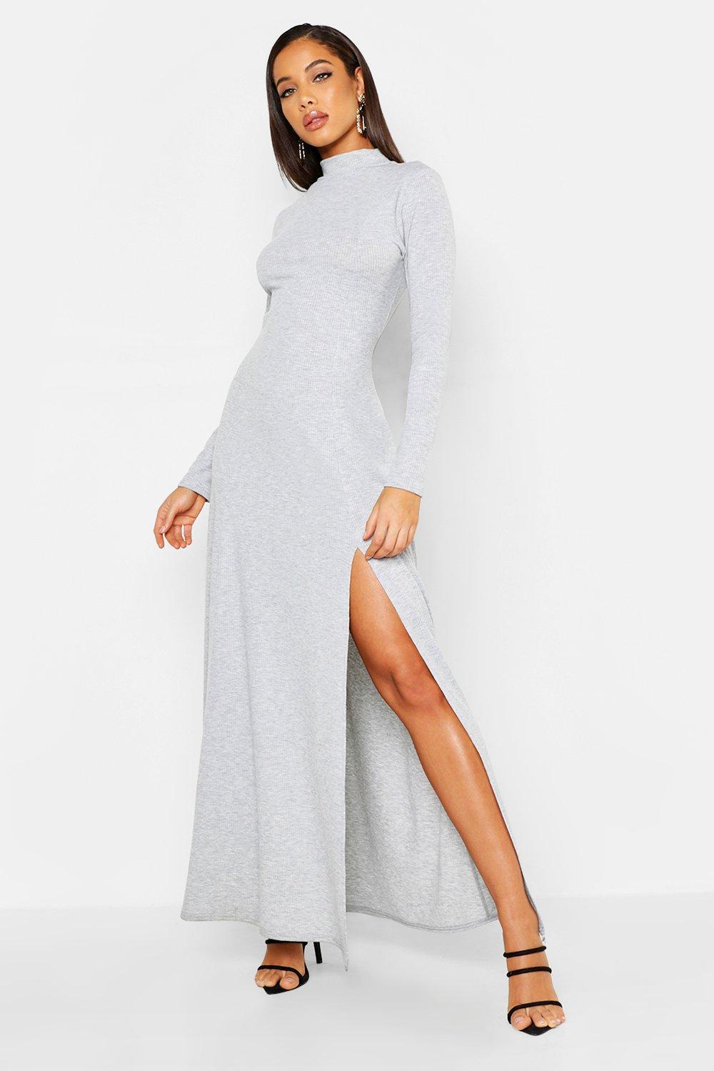 High neck rib maxi dress with long sleeves