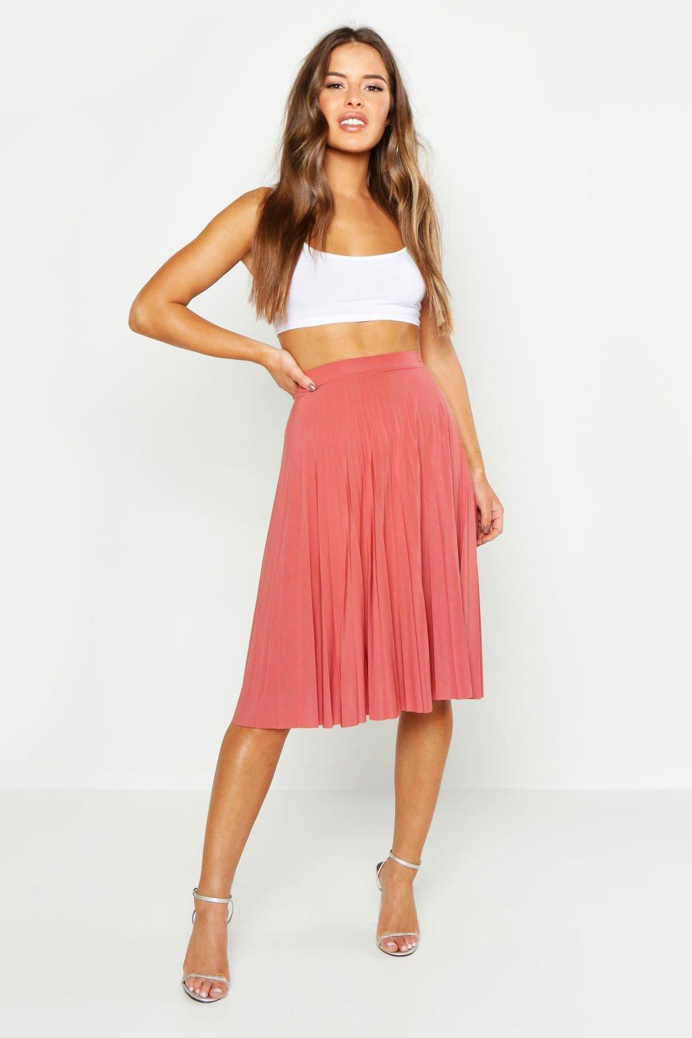 Boohoo Petite Slinky Pleated Midi Skirt - Lyst