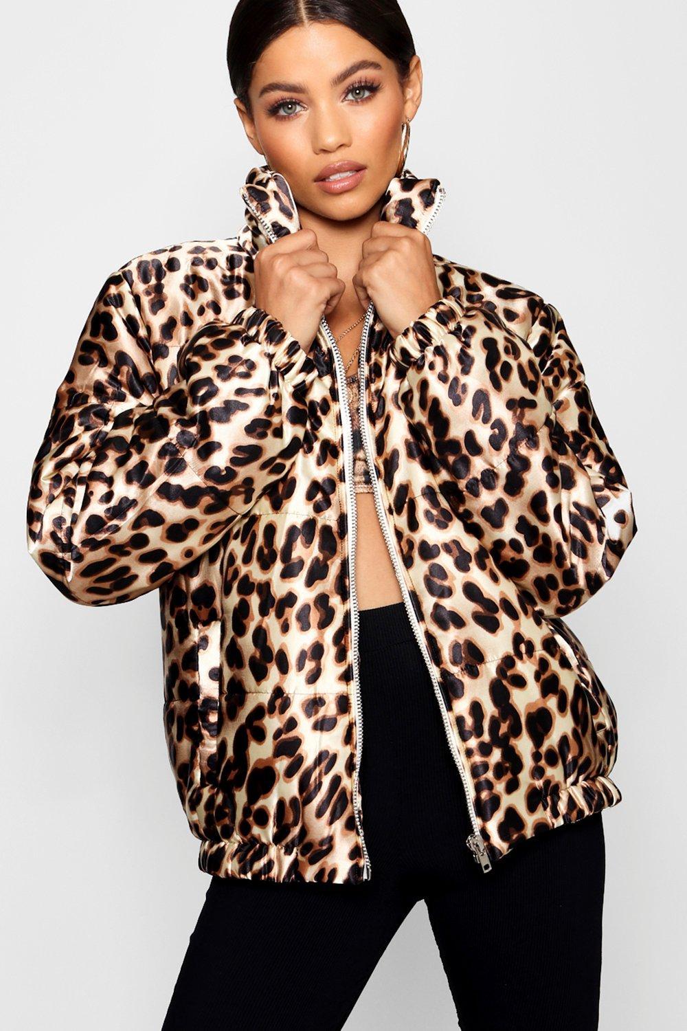 Boohoo Leopard Printed Satin Puffer Jacket - Lyst