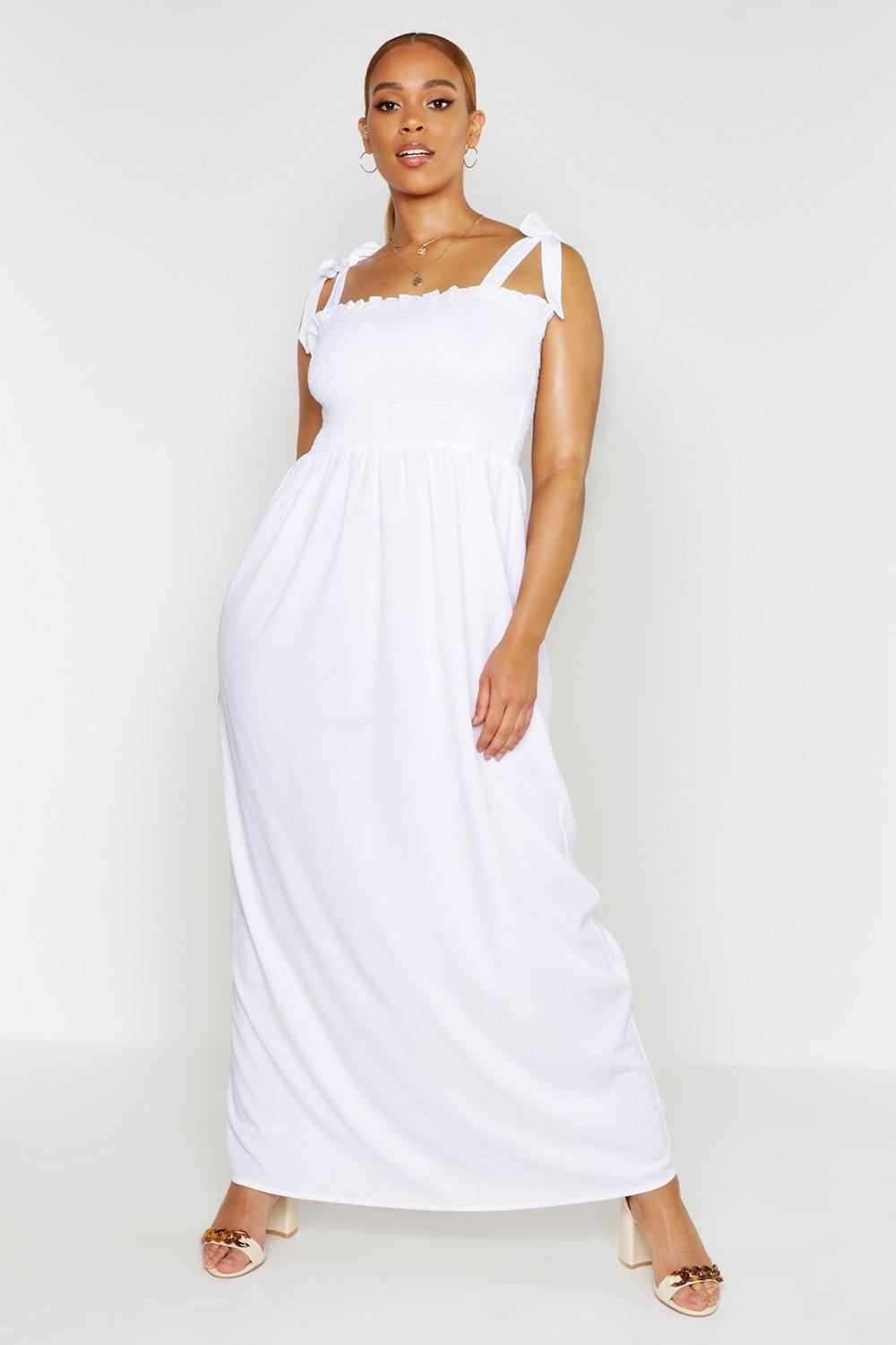 Boohoo Plus Shirred Tie Shoulder Maxi Dress in White Lyst