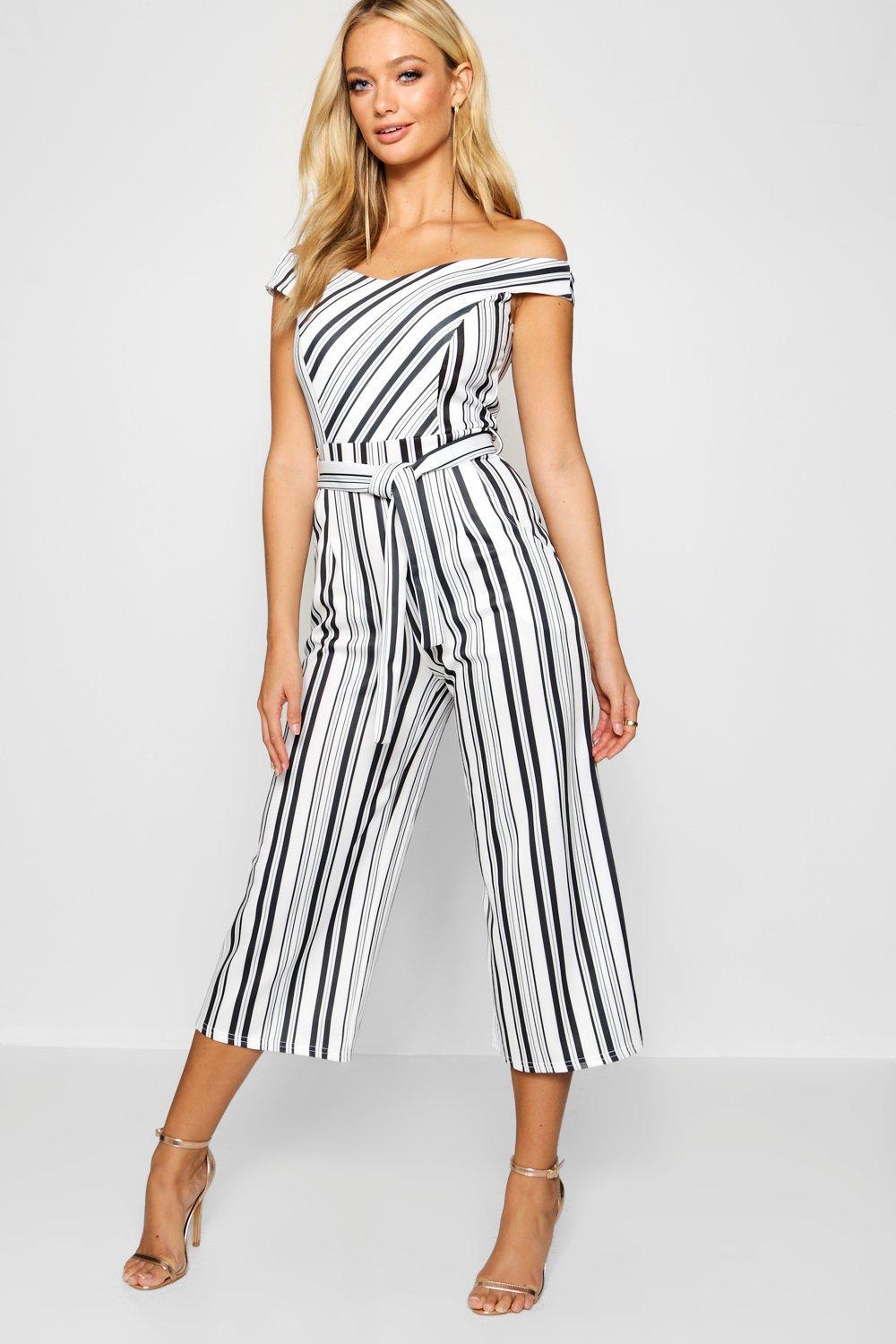 HTOOHTOOH Women V-Neck Long-Sleeves Stripe Print Casual Playsuits Palazzo Jumpsuits