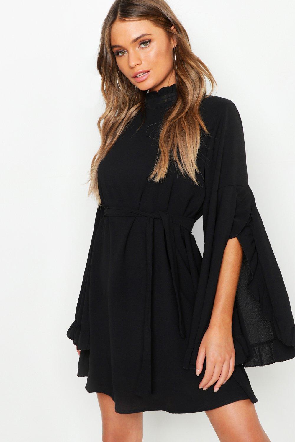 Lyst Boohoo Boho High Neck Wide Sleeve Shift Dress in Black
