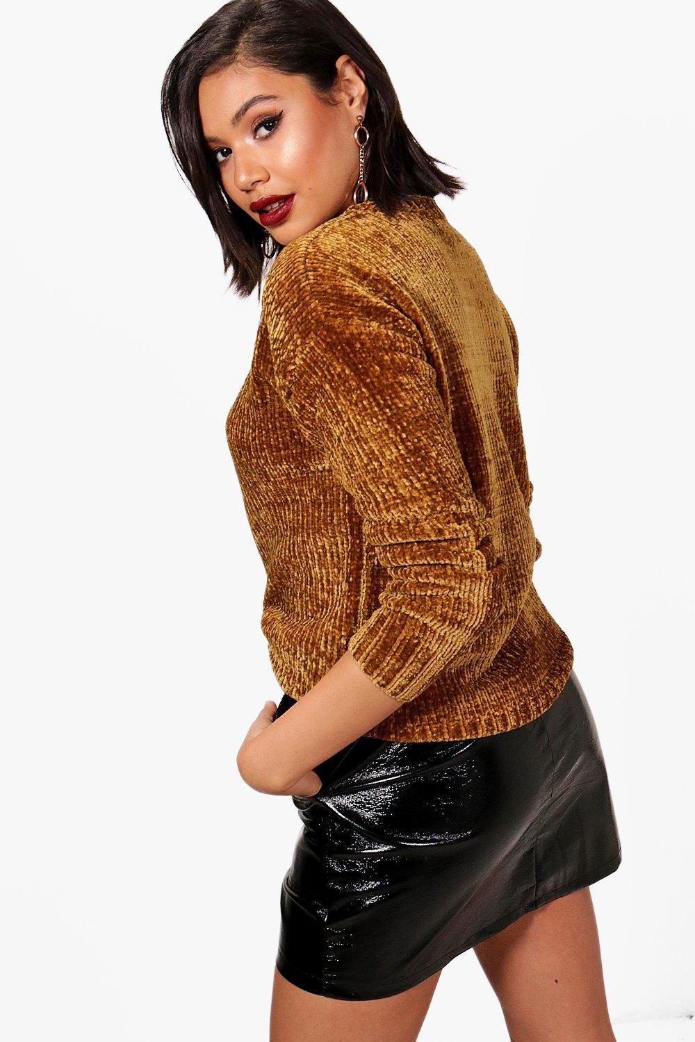 Boohoo Crew Neck Chenille Jumper in Brown - Lyst