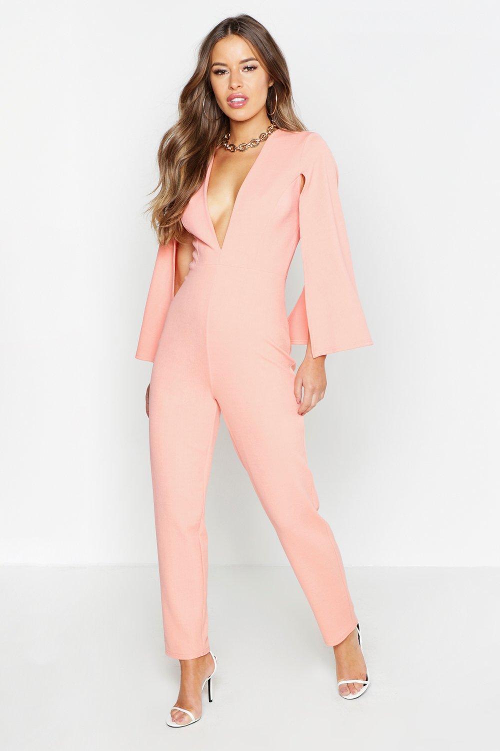 Boohoo Petite Cape Sleeve Extreme Plunge Jumpsuit in Pink Lyst