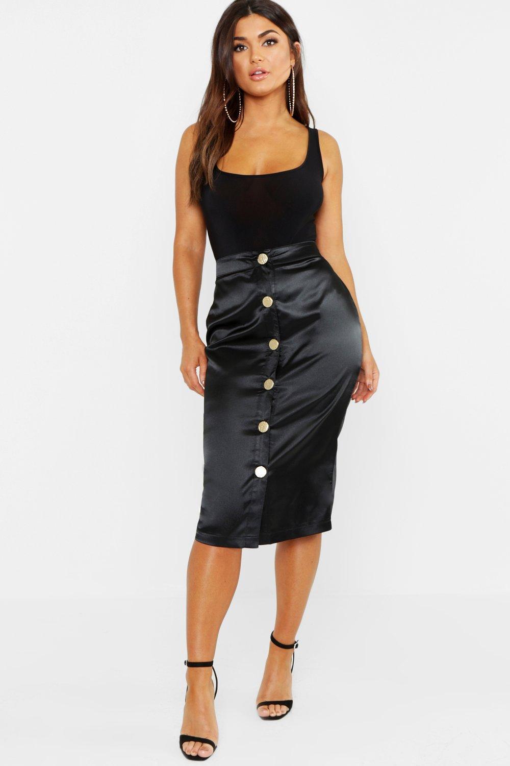 Boohoo Satin Button Through Midi Skirt In Black Lyst 8682