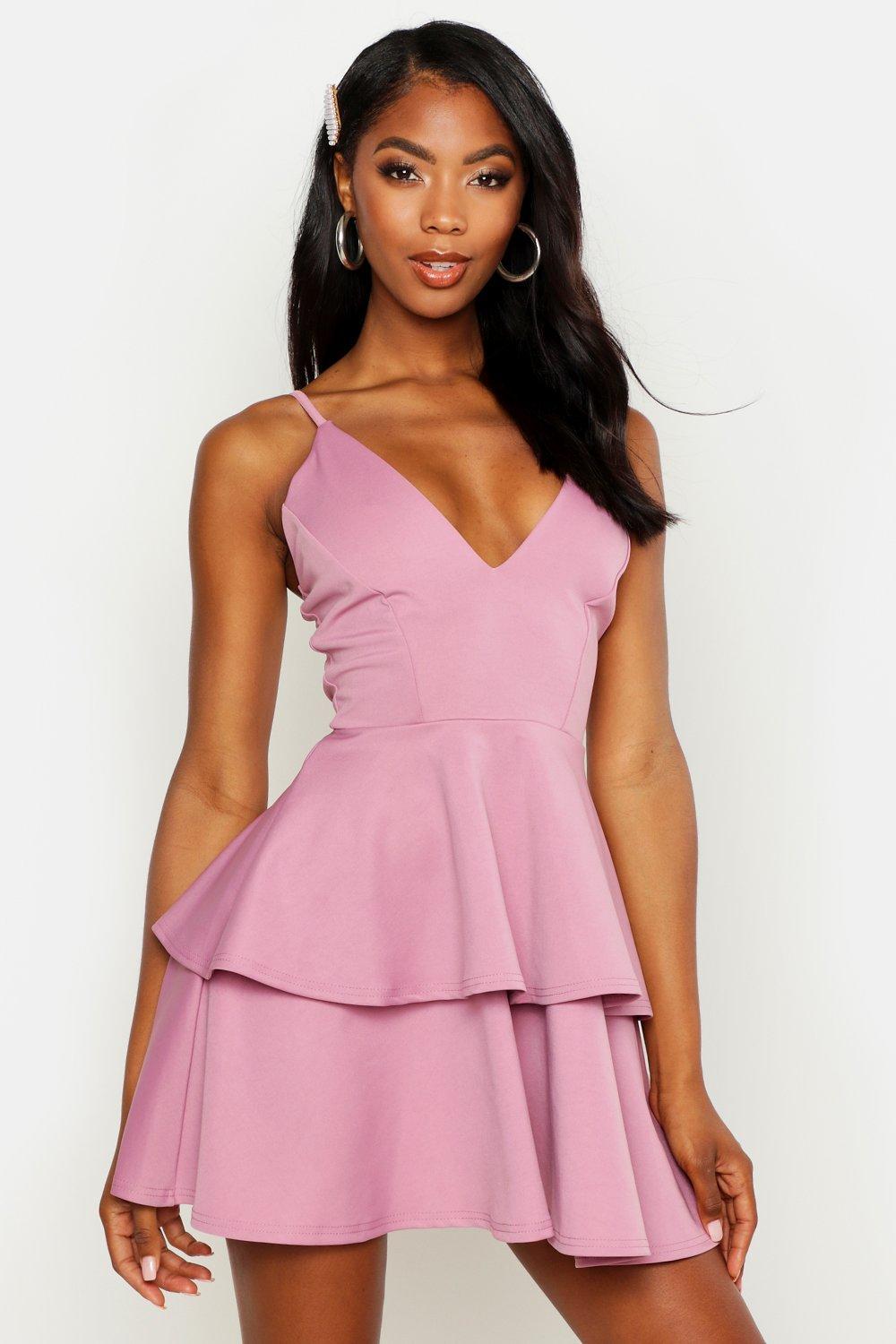 dusty pink high neck tiered skater dress