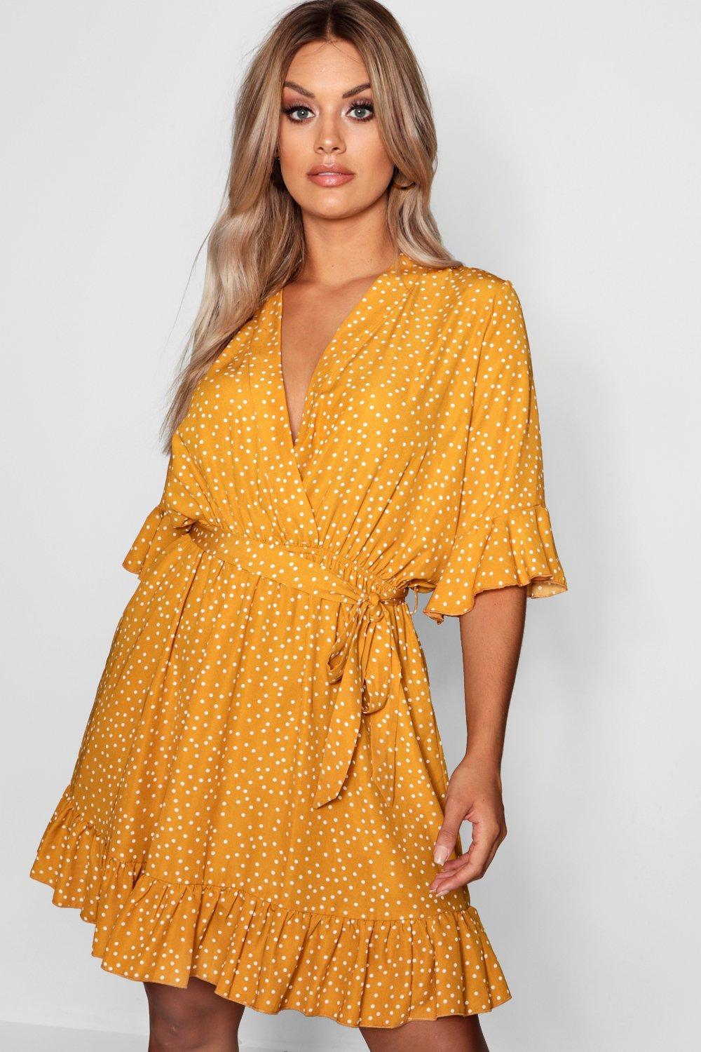 Lyst - Boohoo Plus Spotty Wrap Skater Dress in Yellow