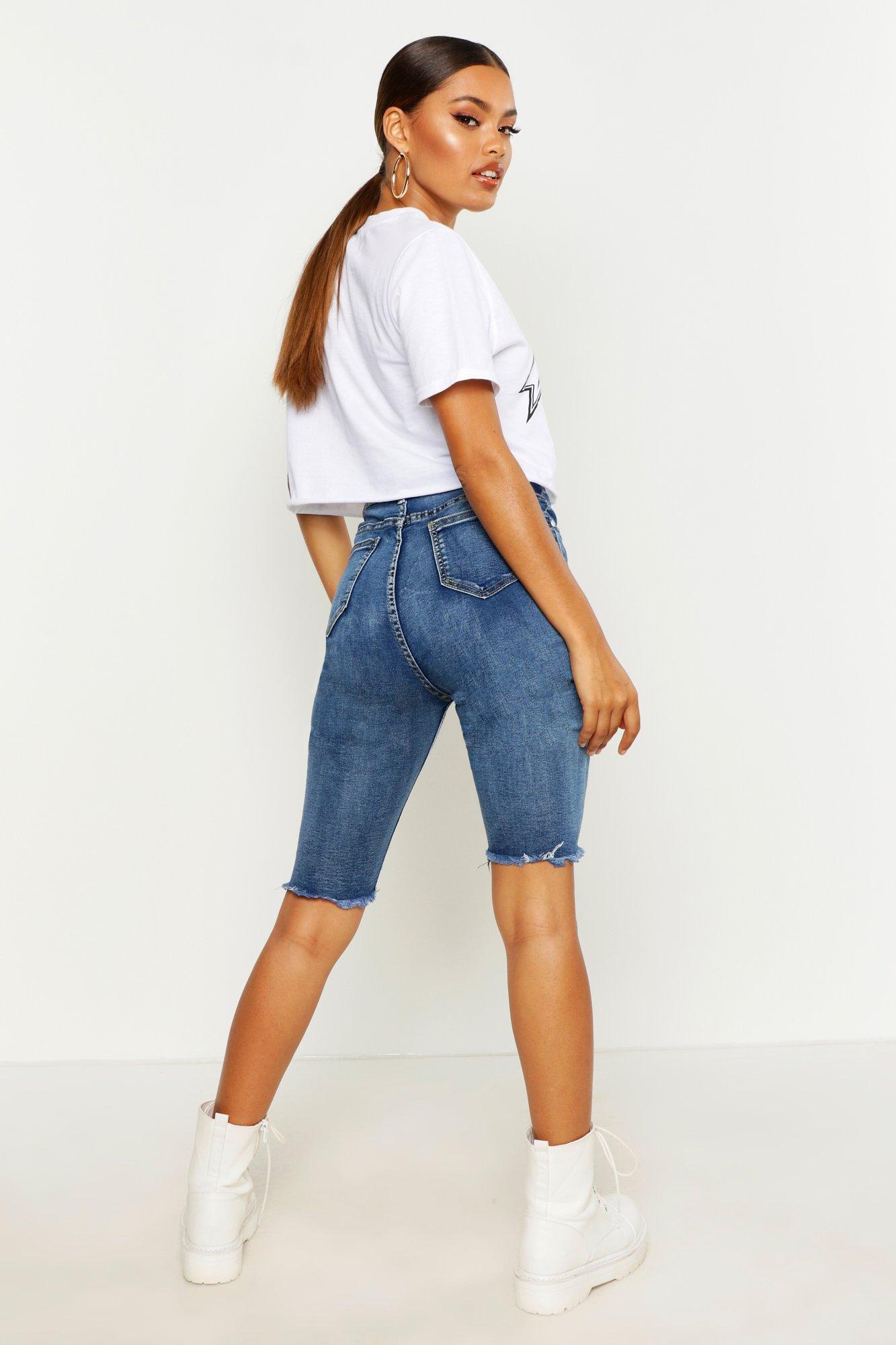 Boohoo High Rise Distressed Denim Short in Blue Lyst