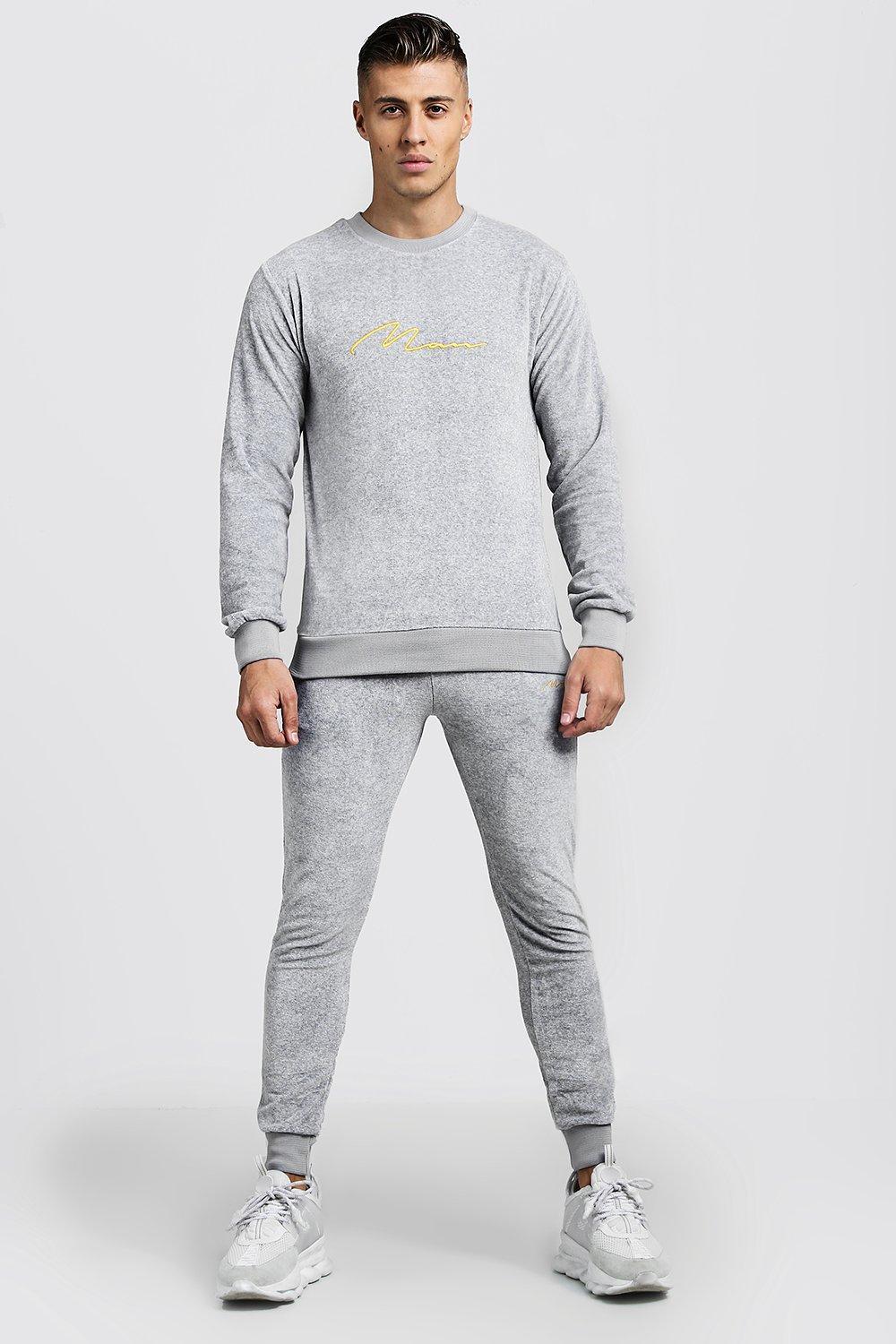 Boohoo Man Signature Velour Sweater Tracksuit in Gray for ...