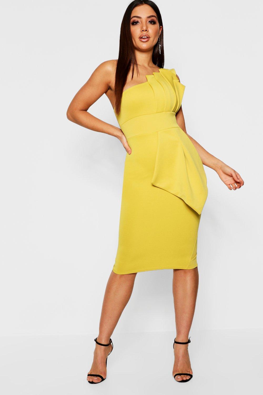 Lyst - Boohoo One Shoulder Pleated Detail Midi Dress in Yellow