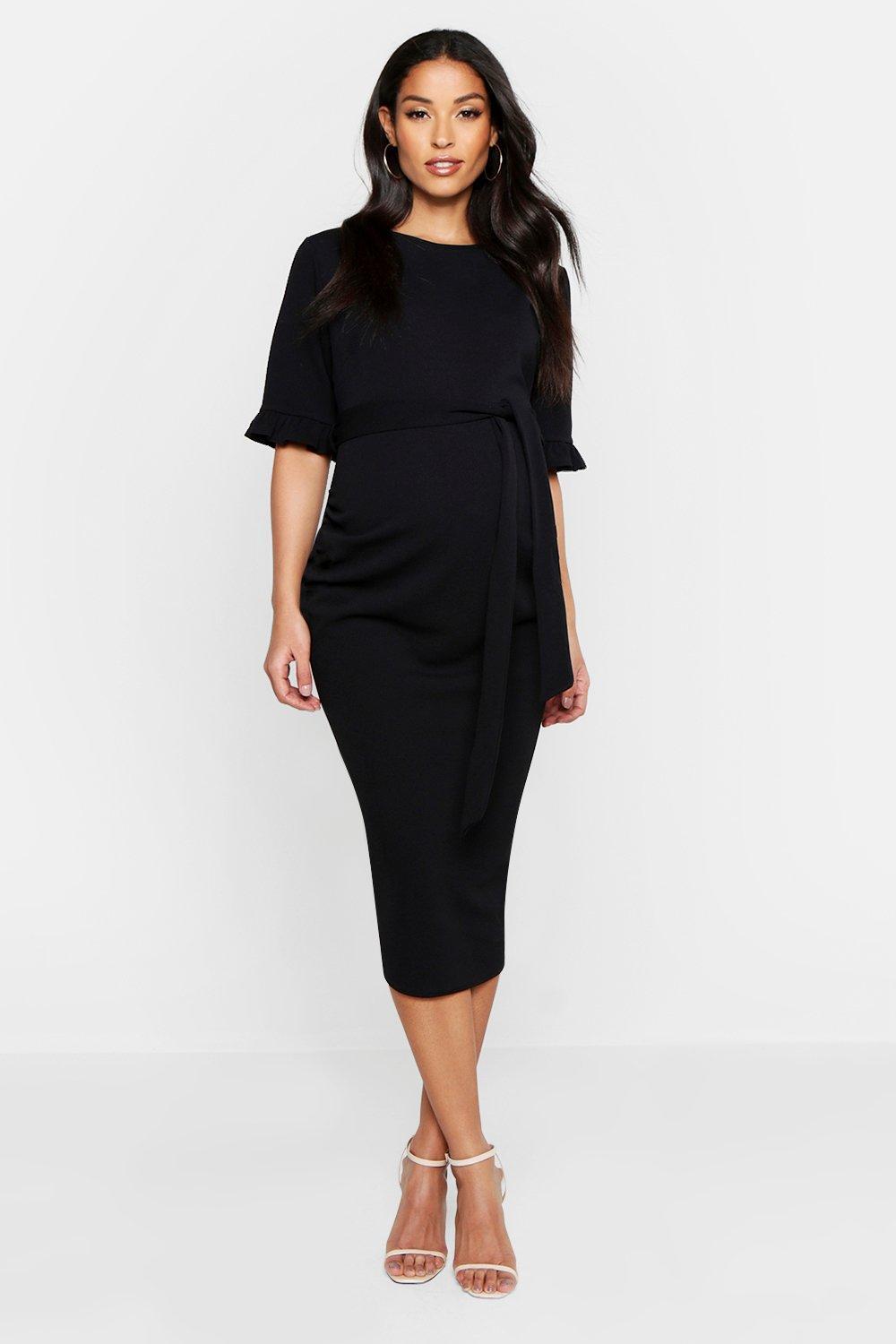 Boohoo Maternity Ruffle Midi Bodycon Dress In Black Lyst 4215