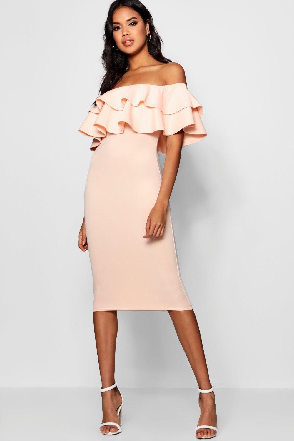 Lyst Boohoo Bardot Layered Frill Detail Midi Dress In White