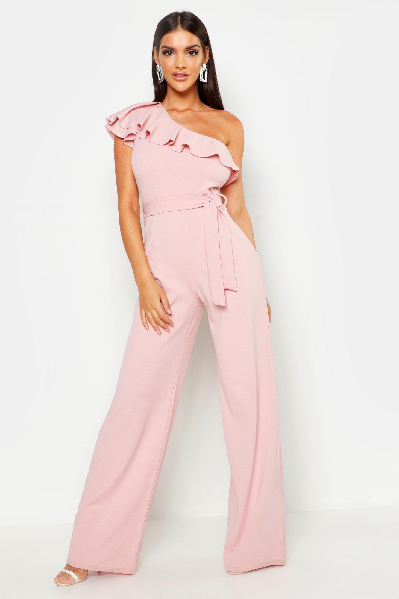 pink off shoulder jumpsuit