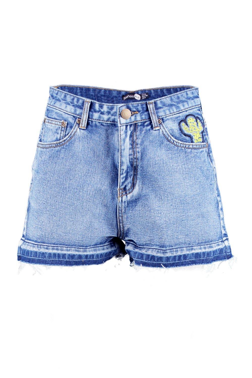Boohoo Hetty Cactus Embroidered Denim Mom Shorts in Blue Lyst
