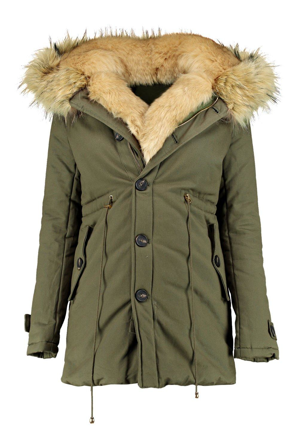 Boohoo Boutique Maria Faux Fur Trim Parka in Green | Lyst