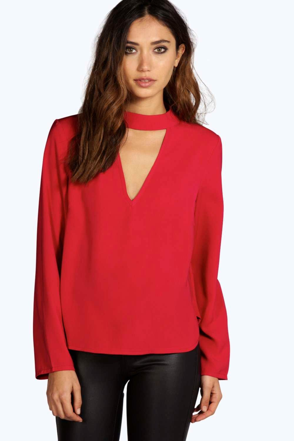 Download Boohoo Una Open Choker Neck Detail Long Sleeve Blouse in ...