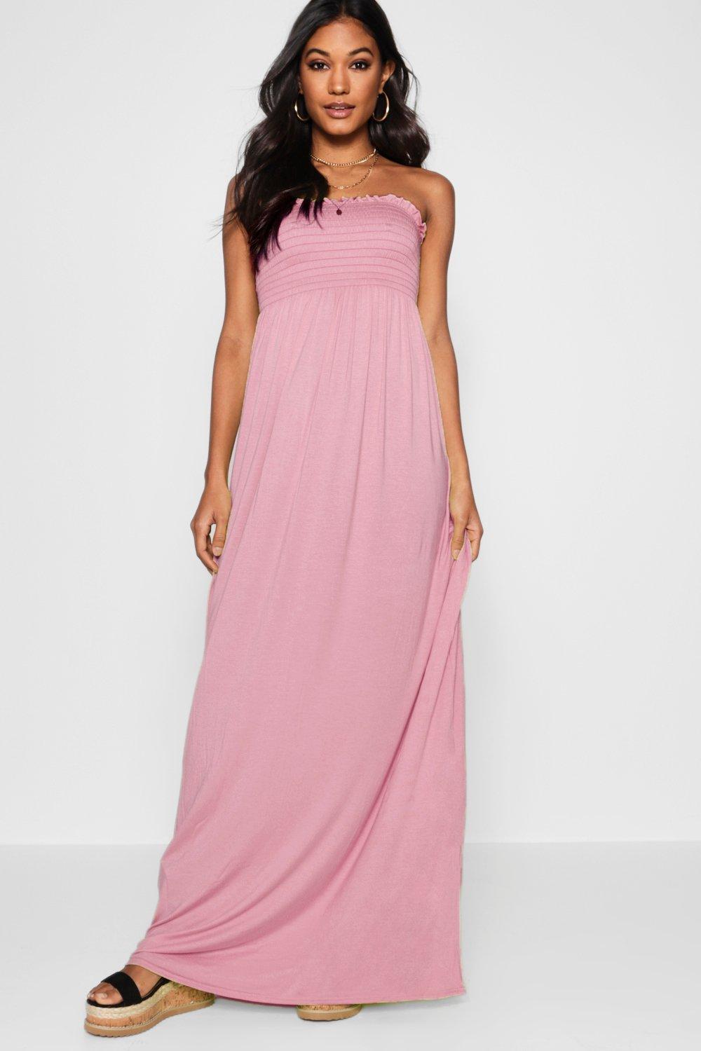 Boohoo Synthetic Shirred Bandeau Maxi Dress In Dusky Pink Pink Lyst 3122