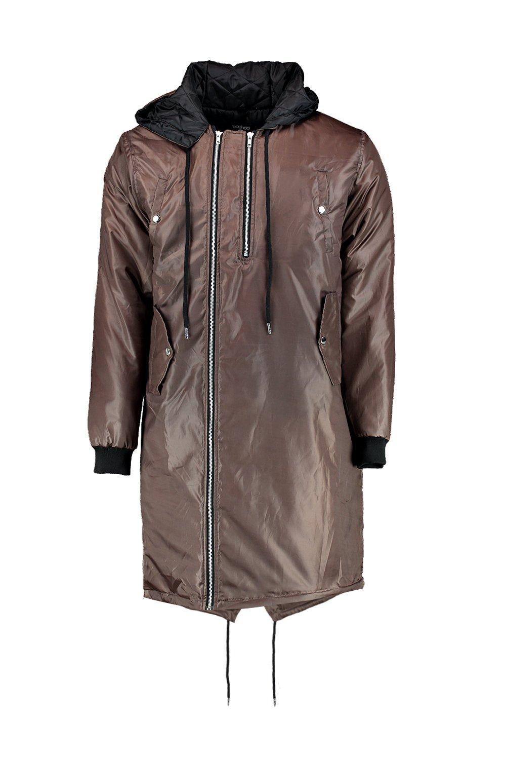 Lyst Boohoo Padded Longline Hooded Parka in Brown for Men