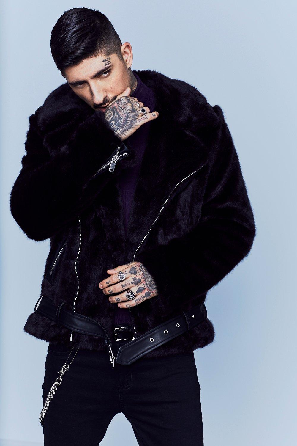 Boohoo Black Premium Oversized Faux Fur Biker Jacket For Men