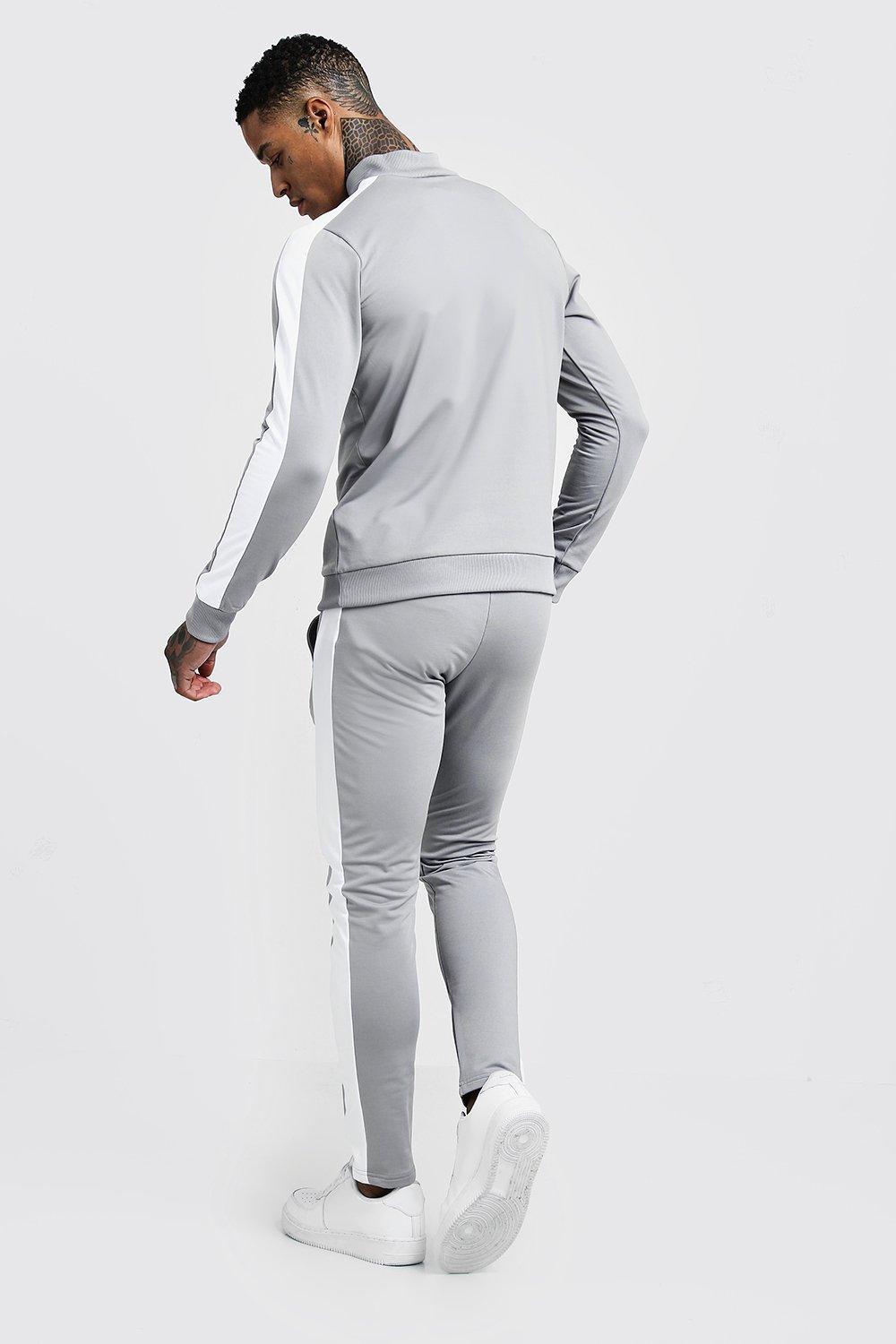 BoohooMAN Funnel Neck Contrast Panel Tricot Man Tracksuit in Gray for ...