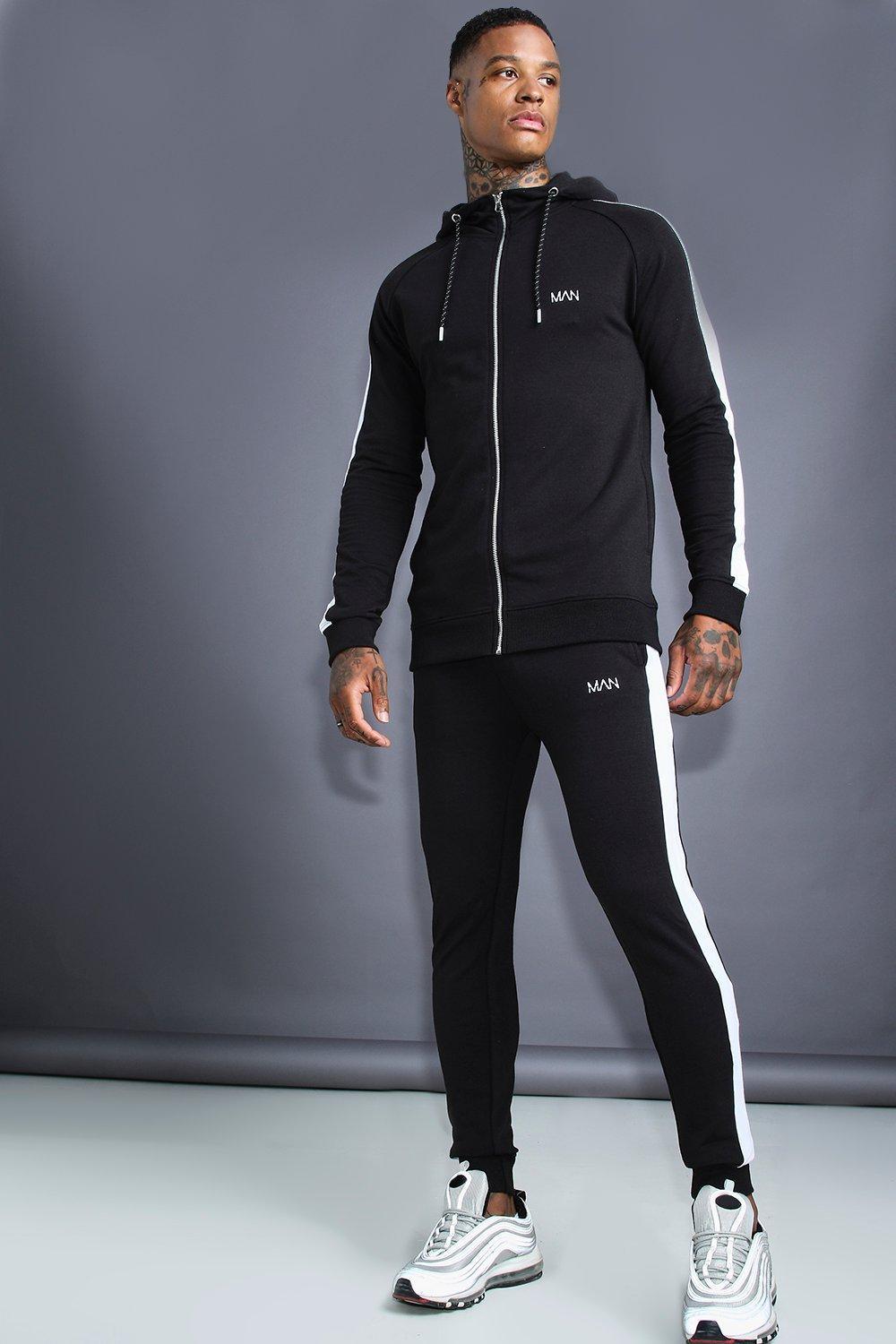 BoohooMAN Man Muscle Fit Hooded Reflective Detail Tracksuit in Black ...