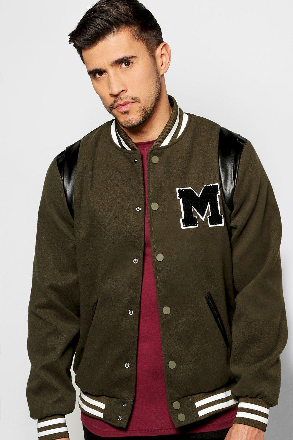 Lyst - Boohoo Melton Varsity Jacket With Chest Badge in Green for Men