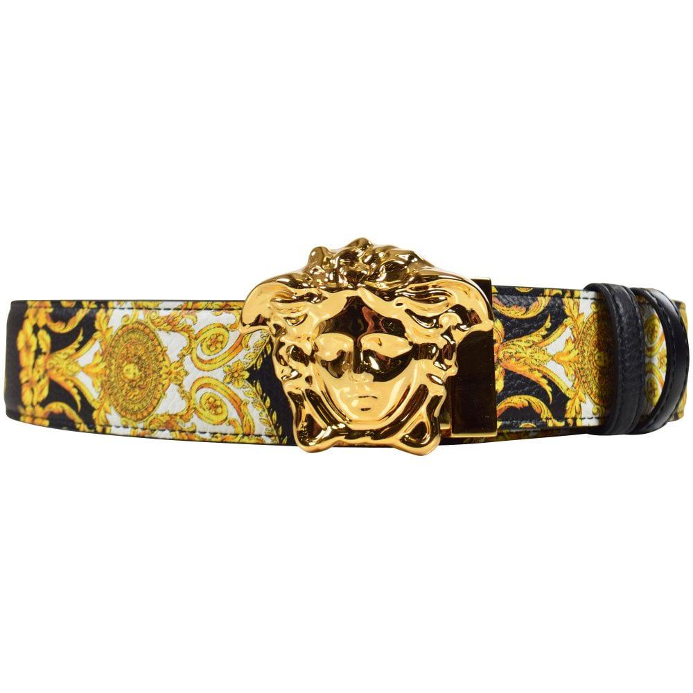Versace Leather Gold Hibiscus Print Palazzo Belt in Black/Gold ...