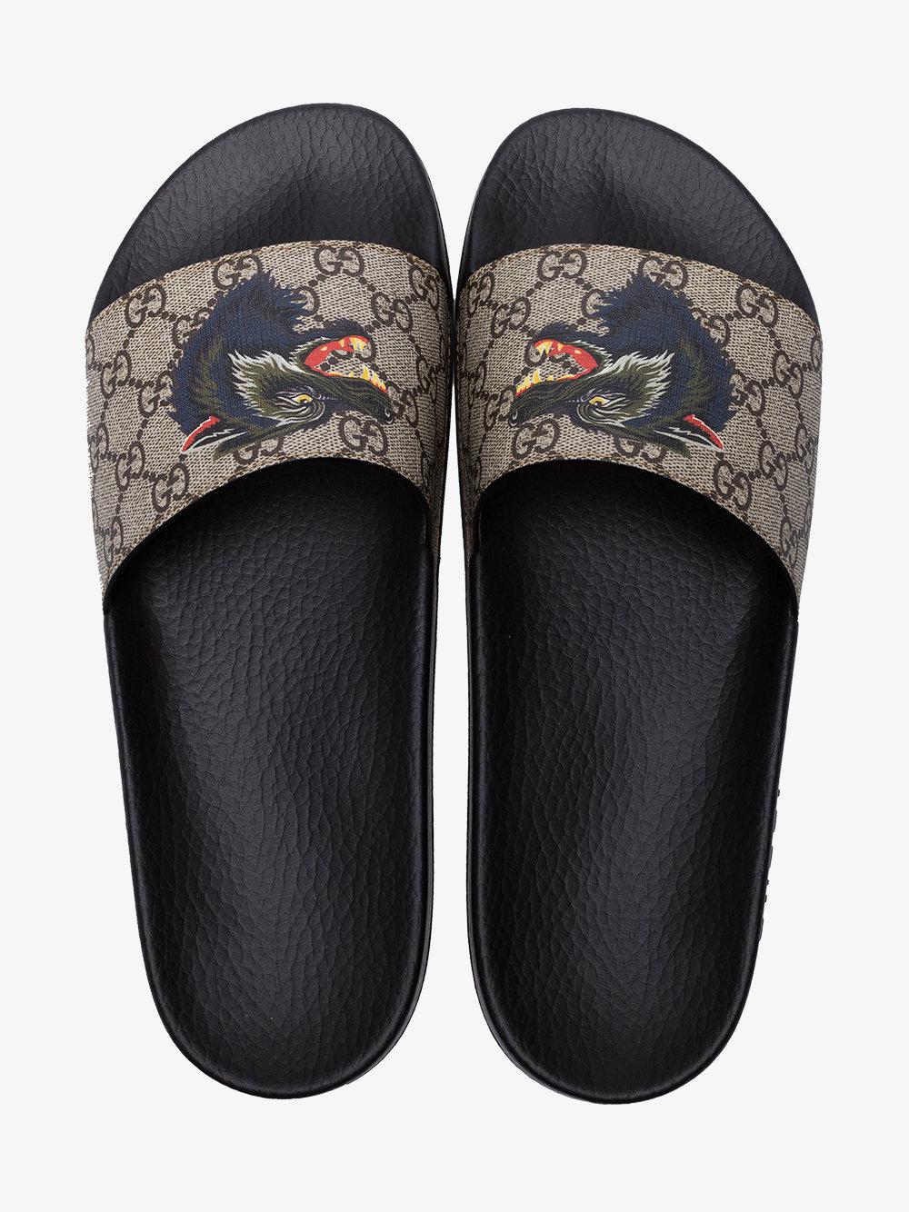 Gucci Leather Wolf-print Gg Supreme Slides for Men - Lyst