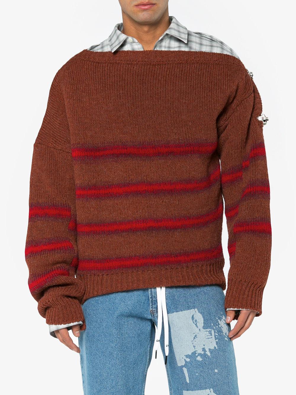 Lyst - Raf Simons Wool Striped Sweater With Buckle Detail in Brown for Men