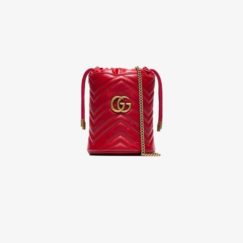 Gucci Red Marmont Quilted Leather Mini Bucket Bag in Red - Lyst