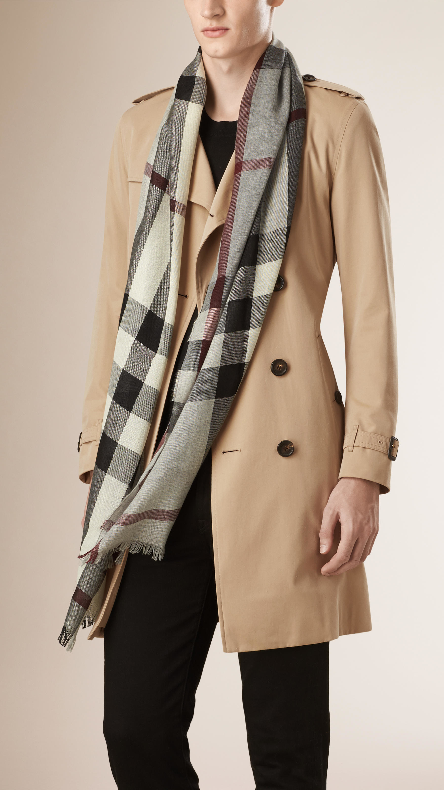 Burberry Lightweight Check Wool Cashmere Scarf Mid Grey in ...