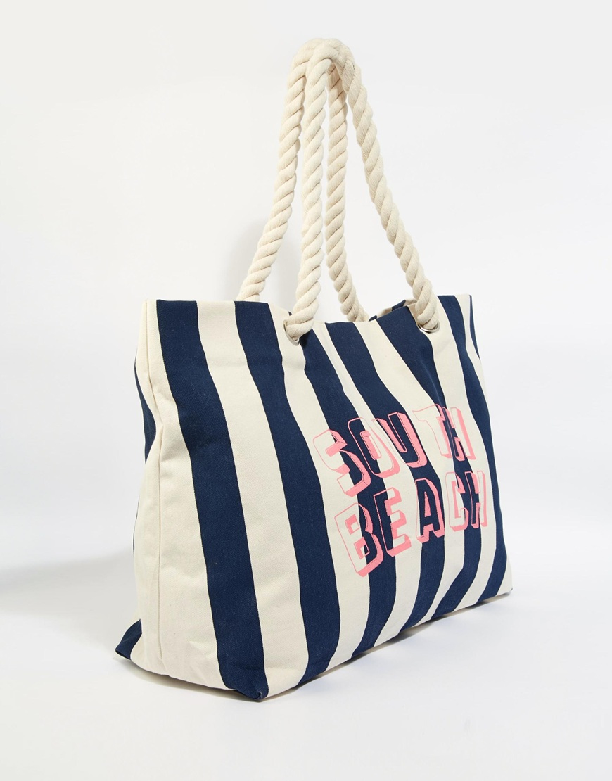 Lyst - South Beach Navy Striped Beach Bag With Rope Handle in White