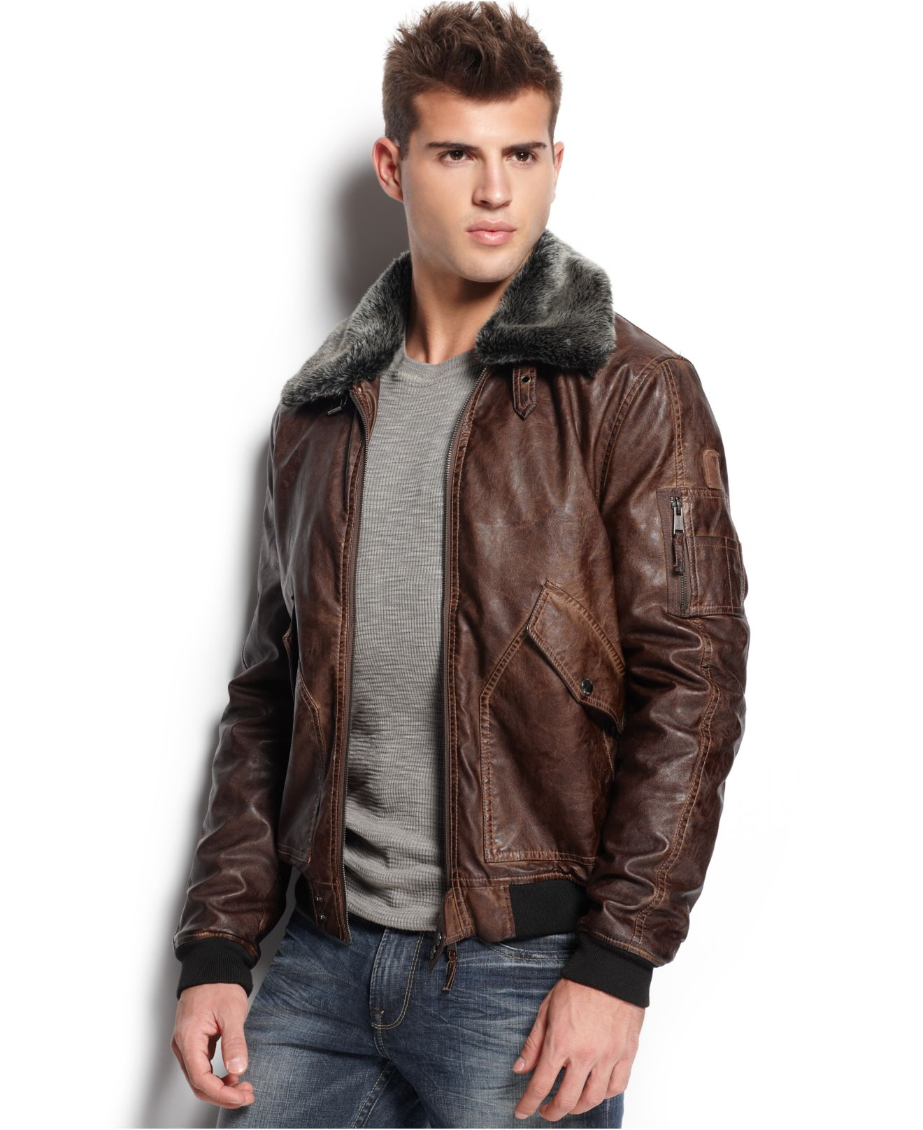 Lyst Guess Faux Leather Aviator Jacket In Brown For Men 