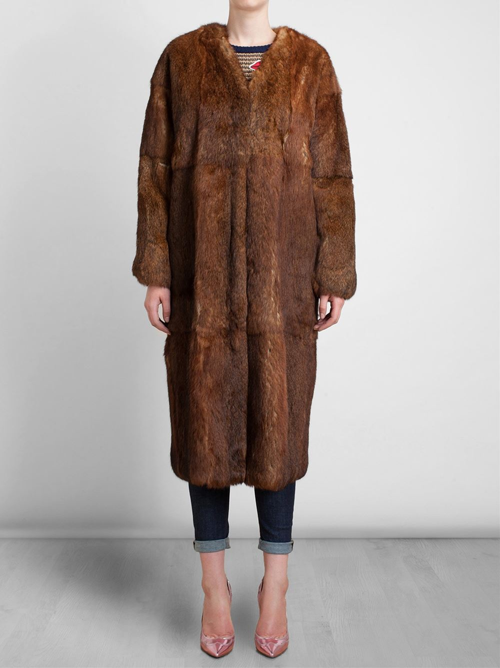 Msgm Long Rabbit Fur Coat in Brown | Lyst