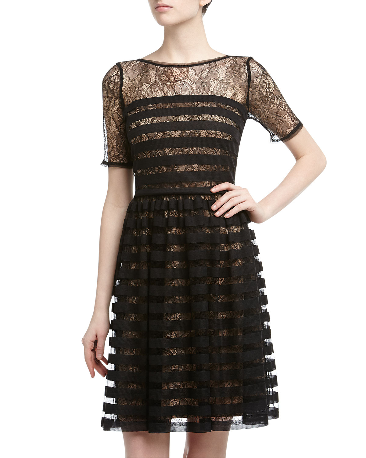 Lyst Muse Lace Striped Overlay Dress Black in Black