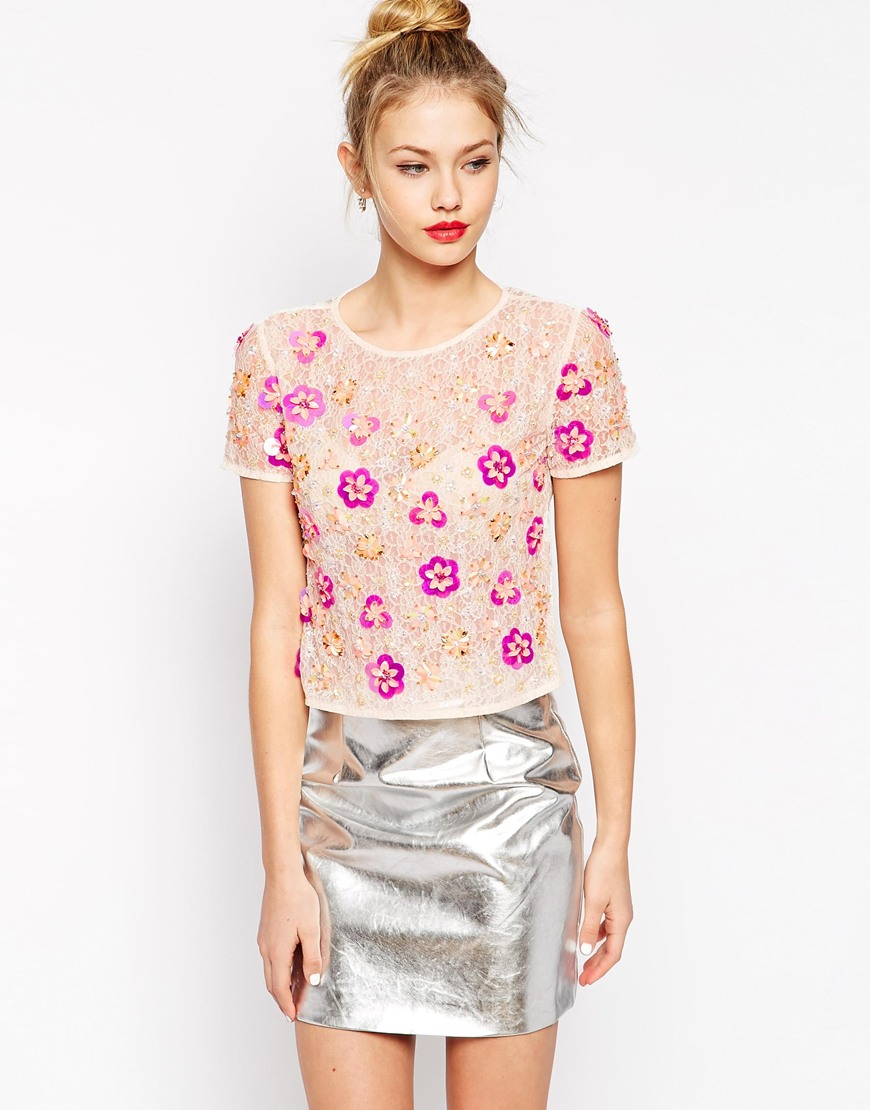 Lyst - Asos Lace Embellished Flower Top in Purple