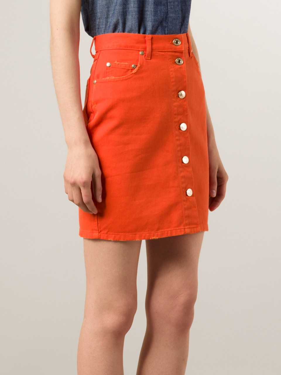 Msgm Button Front Denim Skirt in Orange | Lyst