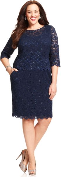Alex evenings Plus Size Sequined Lace Dress in Blue (Navy)