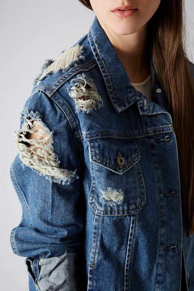 Topshop Moto Ripped Denim Jacket in Blue (MID STONE) | Lyst