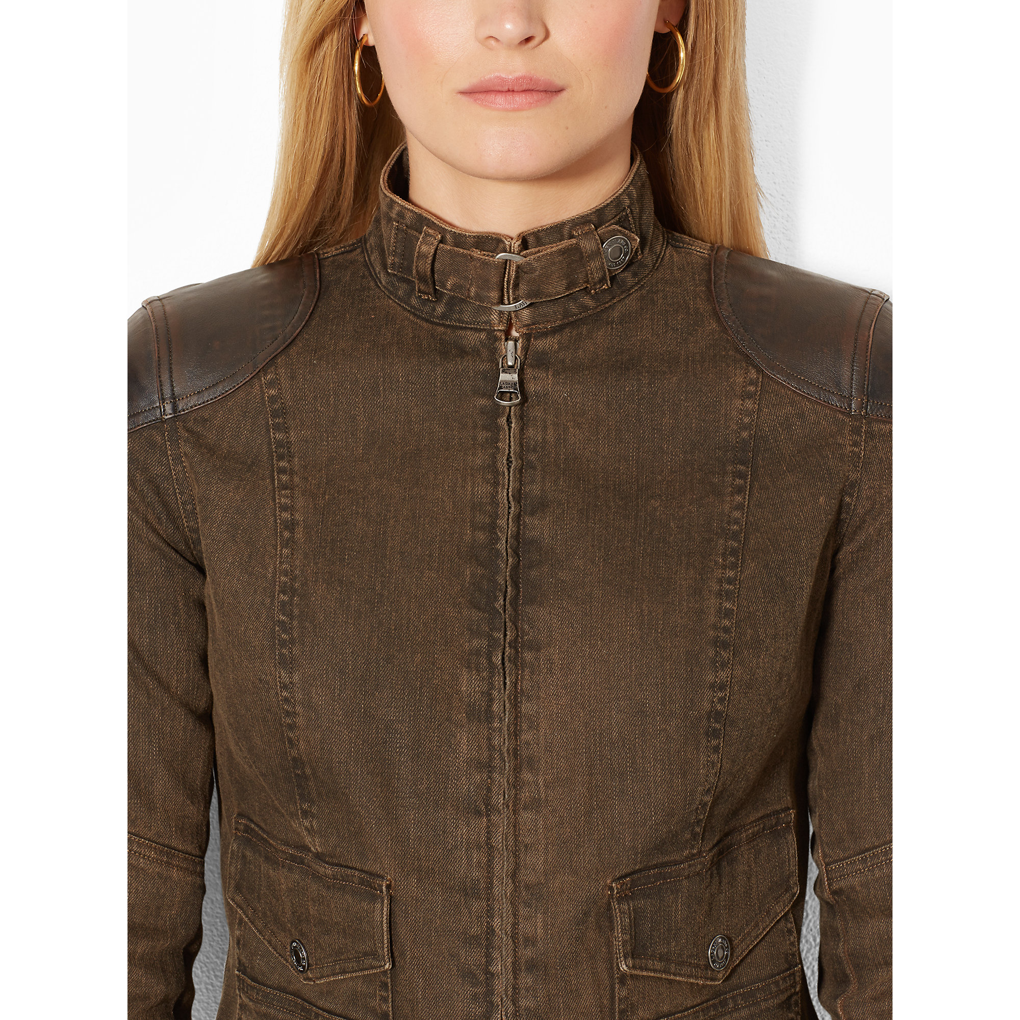 Lyst Lauren By Ralph Leather Trim Denim Jacket In Brown Gallery