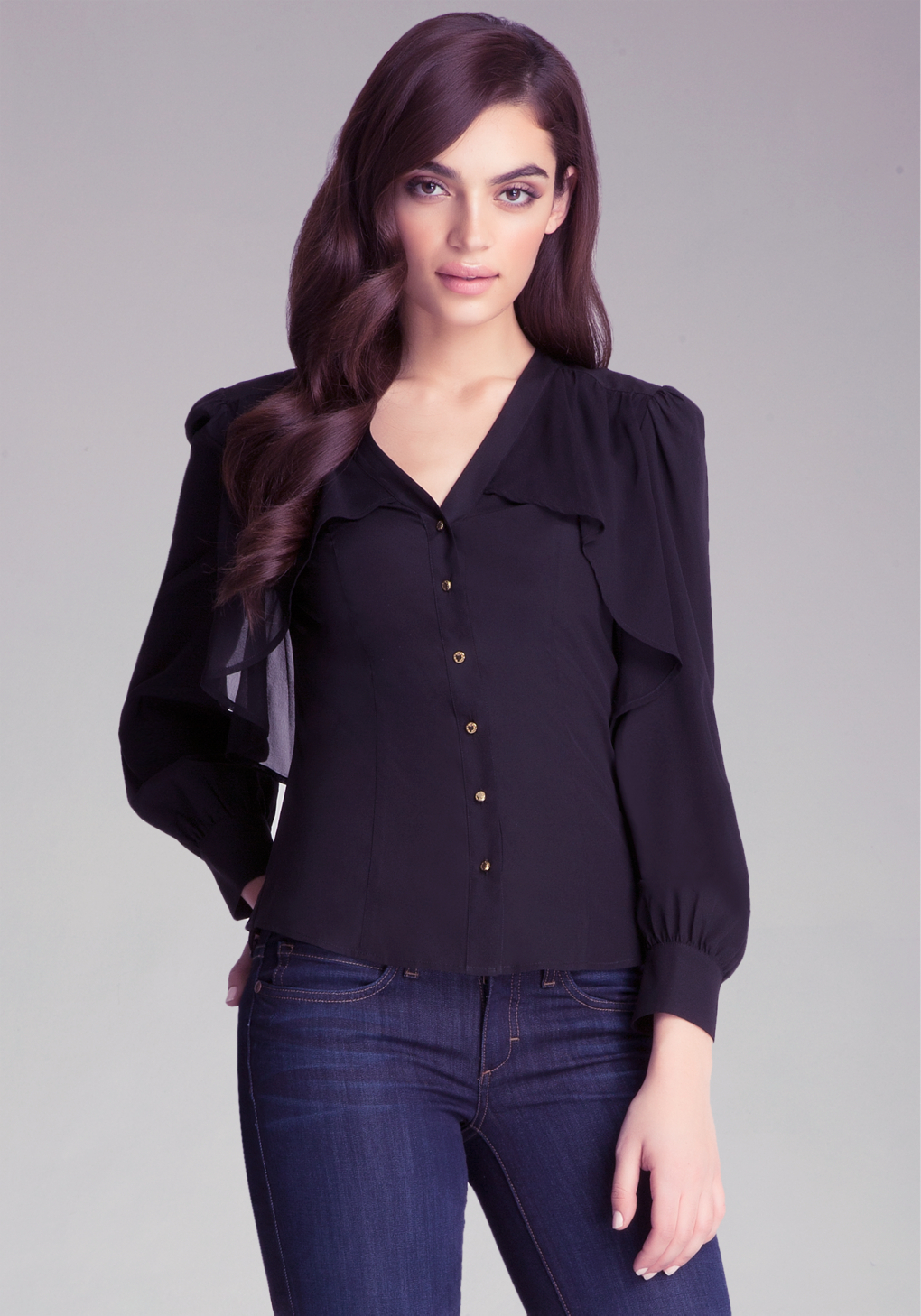 Bebe Silk Flounce Blouse in Black | Lyst