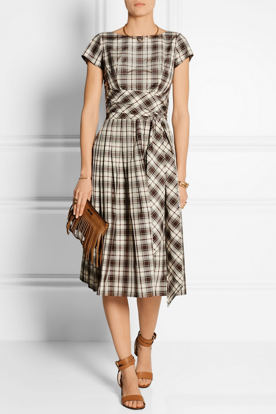 Michael kors Plaid Tie-waist Midi Dress in Brown | Lyst