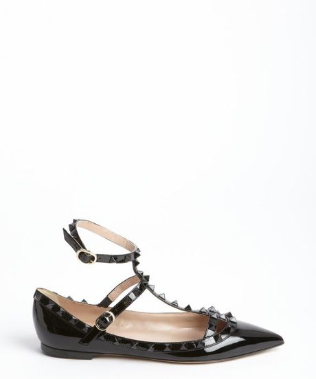 Valentino Black Patent Leather Studded Detail Ankle Strap Flats in ...