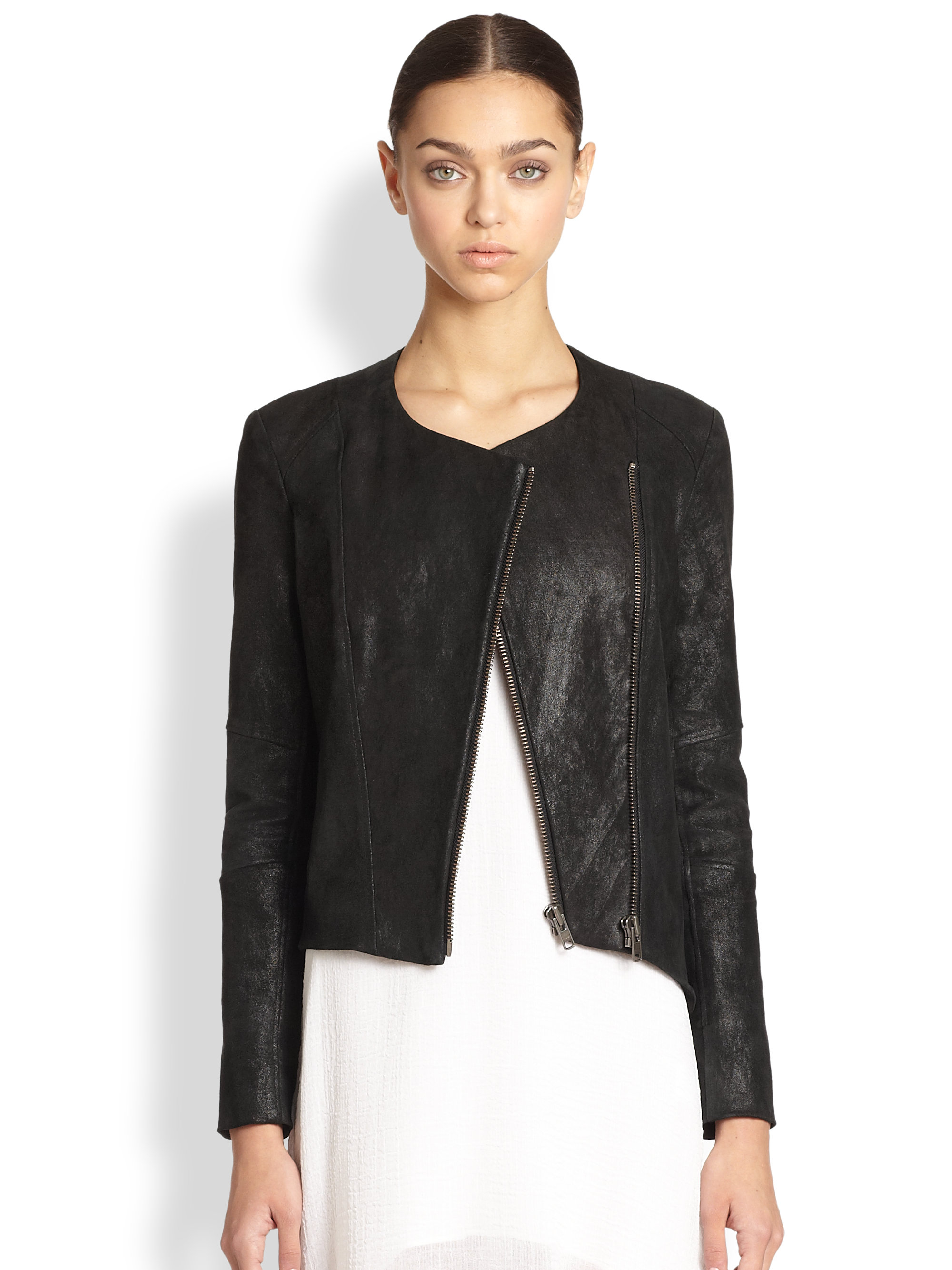 Lyst - Helmut Lang Patina Asymmetrical Brushed Leather Jacket in Black