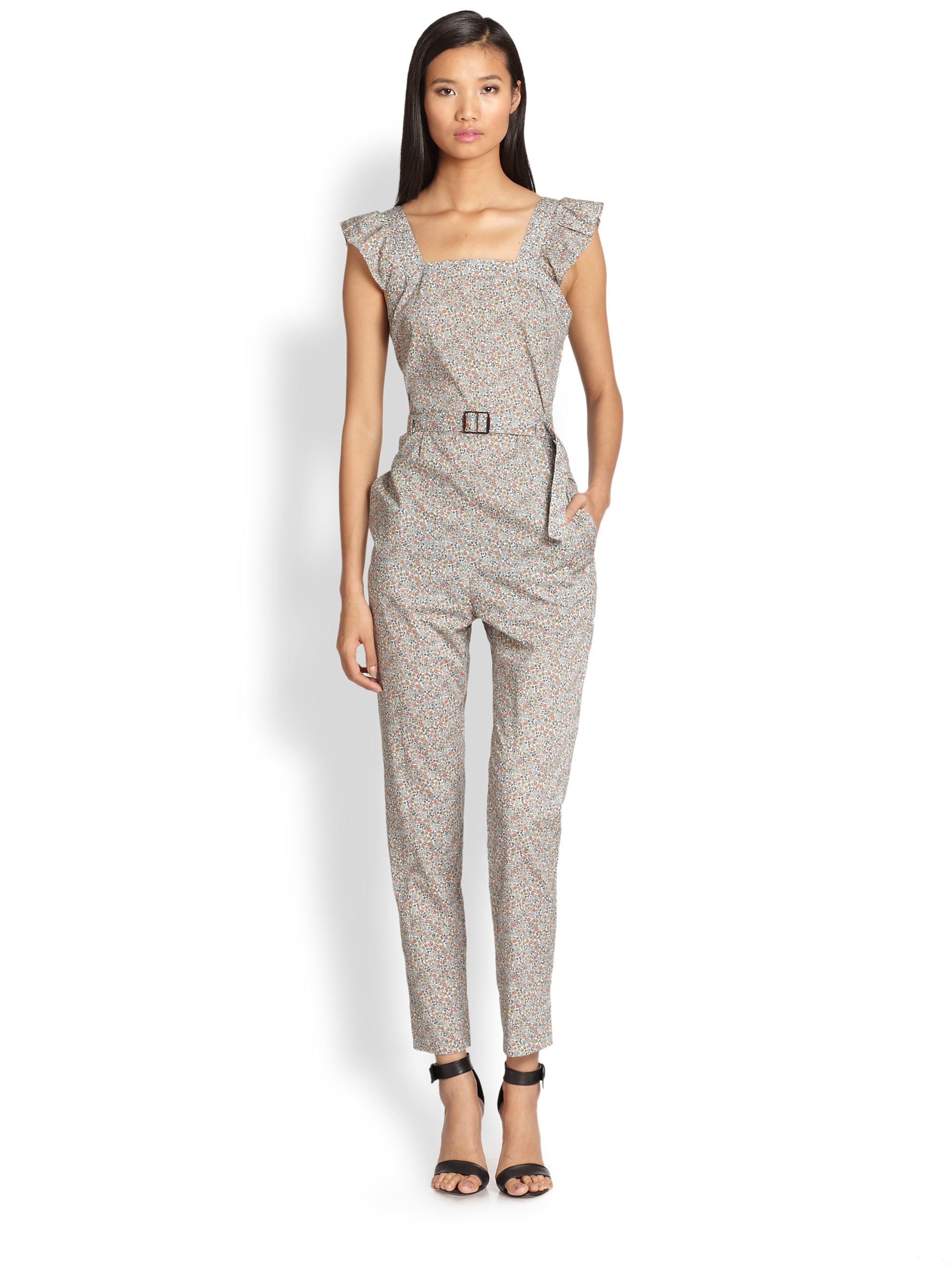 A.p.c. Belted Floralprint Cotton Jumpsuit Lyst