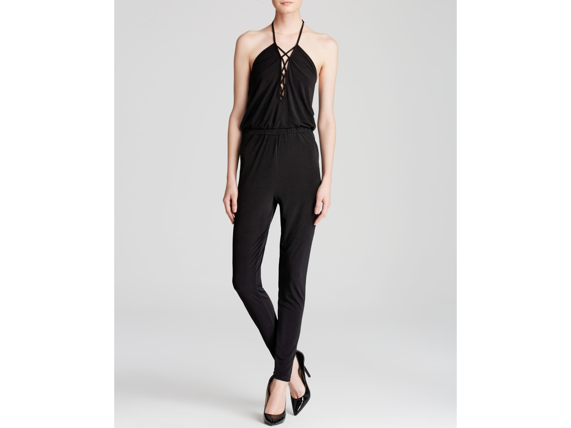 Lyst Guess Lace Up Halter Jumpsuit in Black