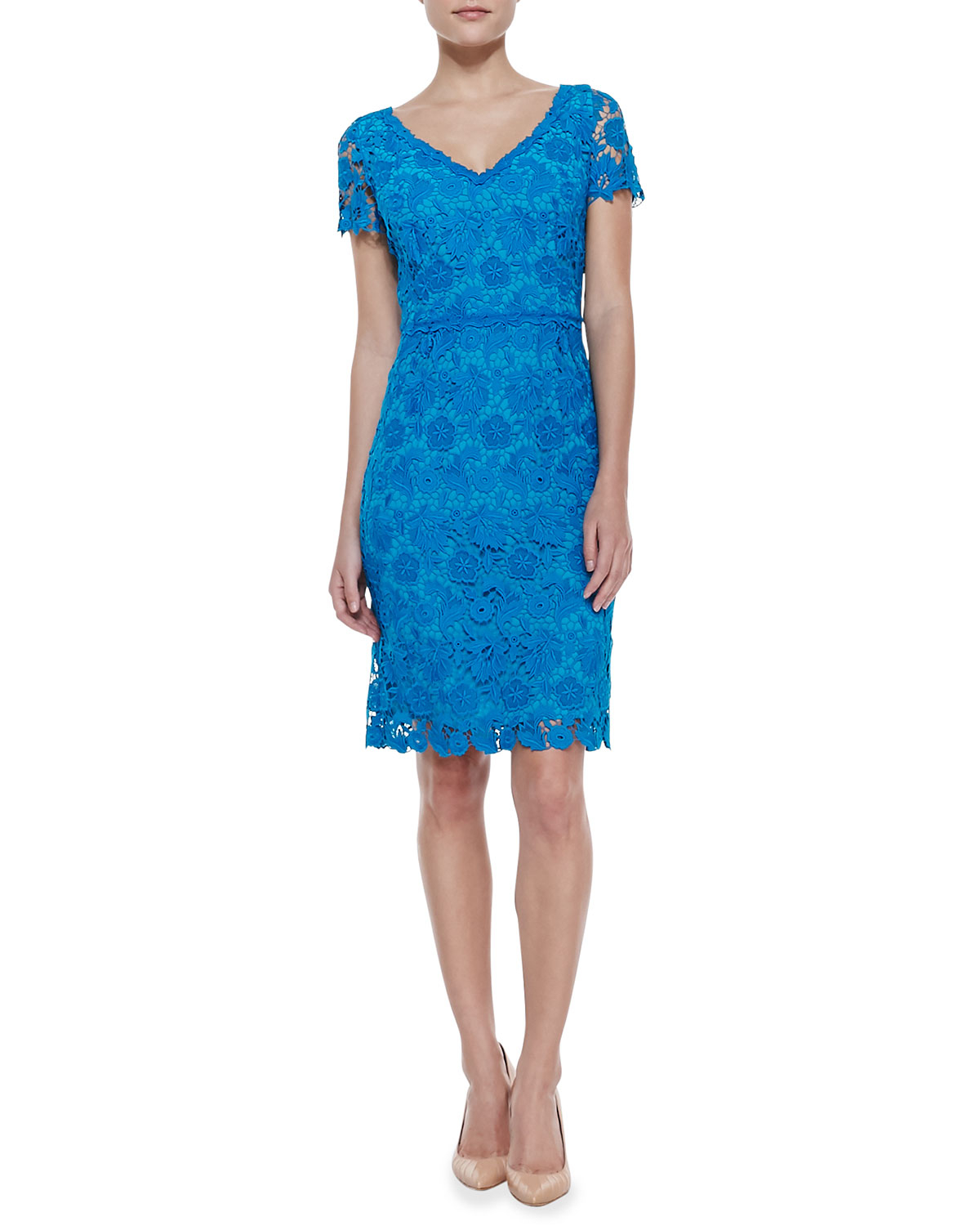 Lyst - Escada Short-Sleeve Swiss Lace V-Neck Dress in Blue