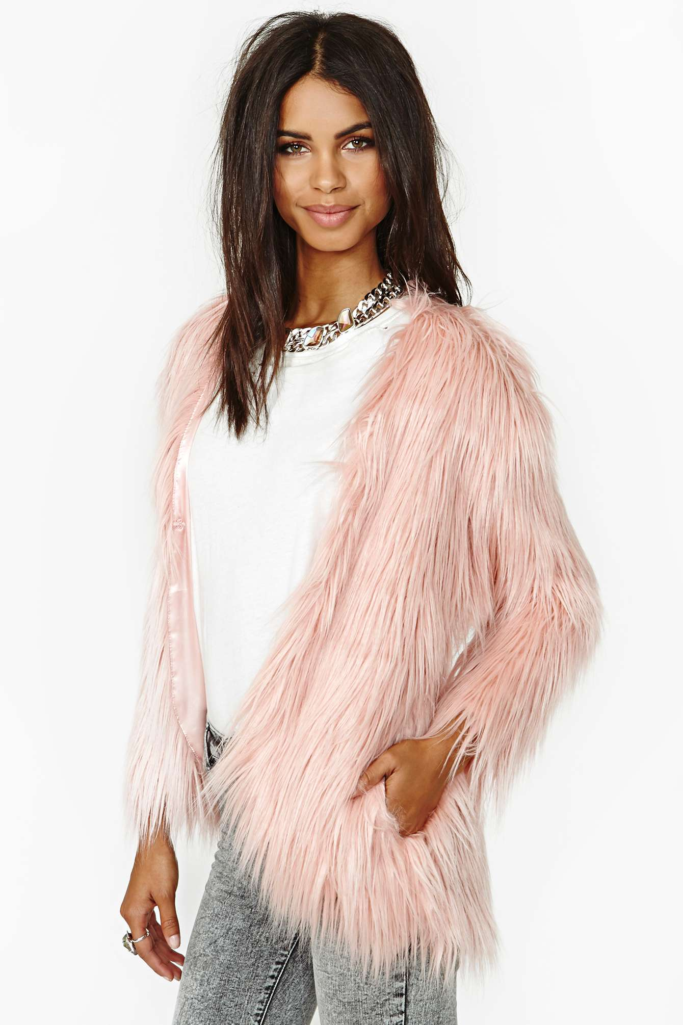 faux fur jacket pink