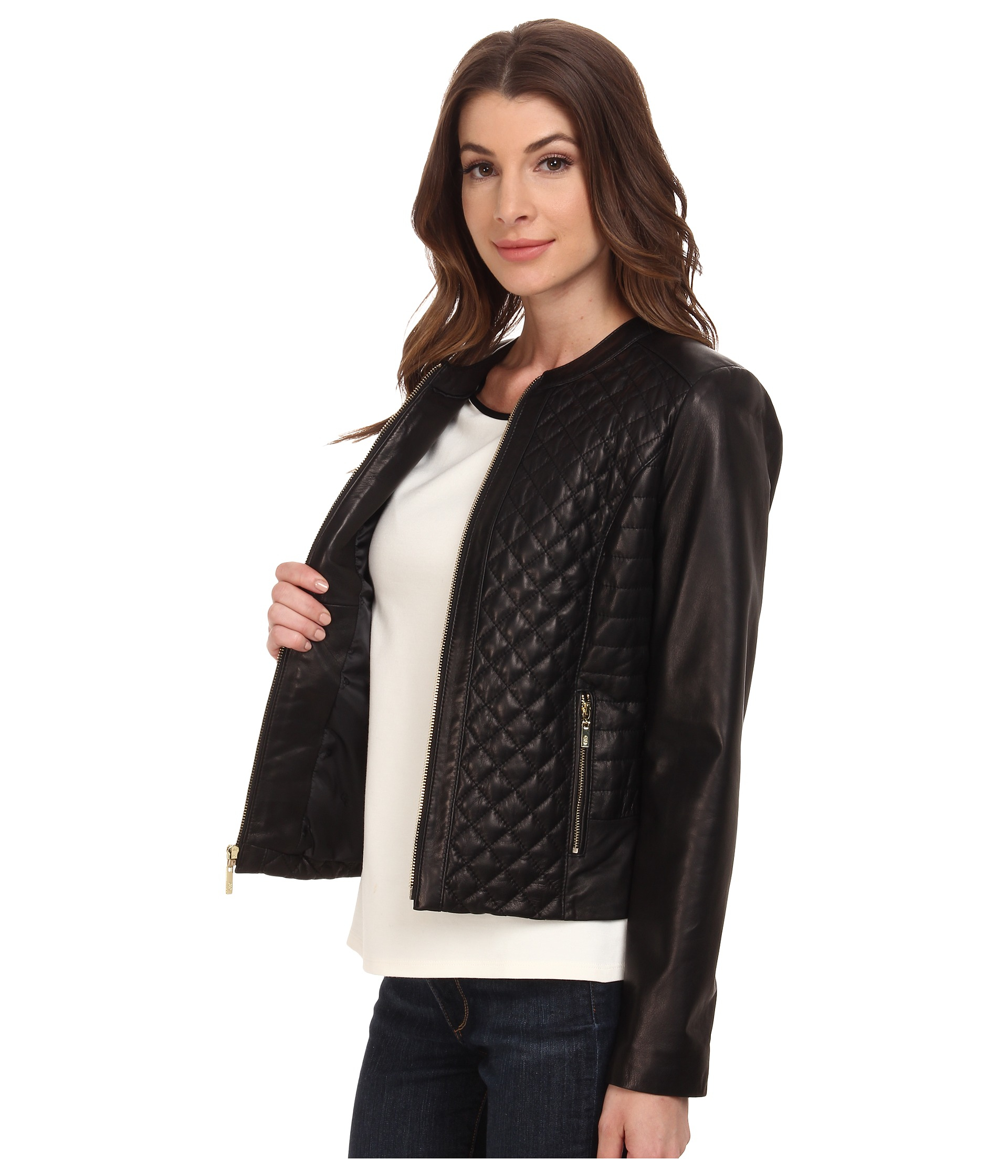 Cole haan Collarless Moto Diamond Quilted Leather Jacket